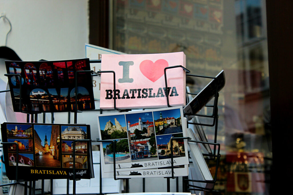 Postcards in Bratislava with one that says 'I love Bratislava'